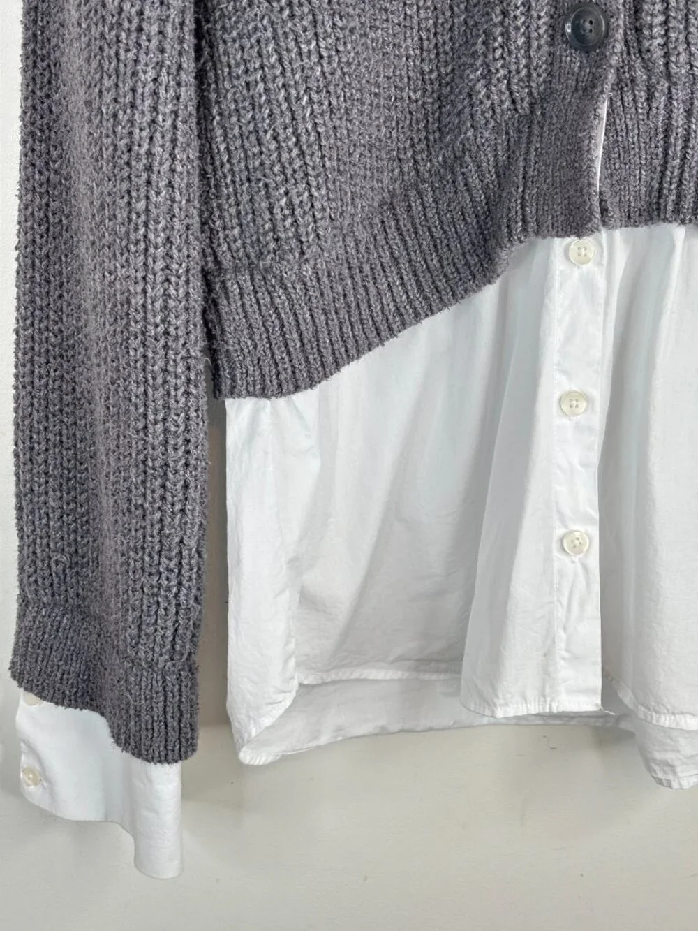 By Anthropologie Cropped Twofer Cardigan M Gray Shirt Hem Academia Preppy Oxford